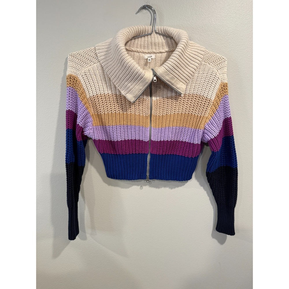 Aerie Cardigan Sweater‎ Women's Large Beige Blue Striped Long Sleeve Cable Knit